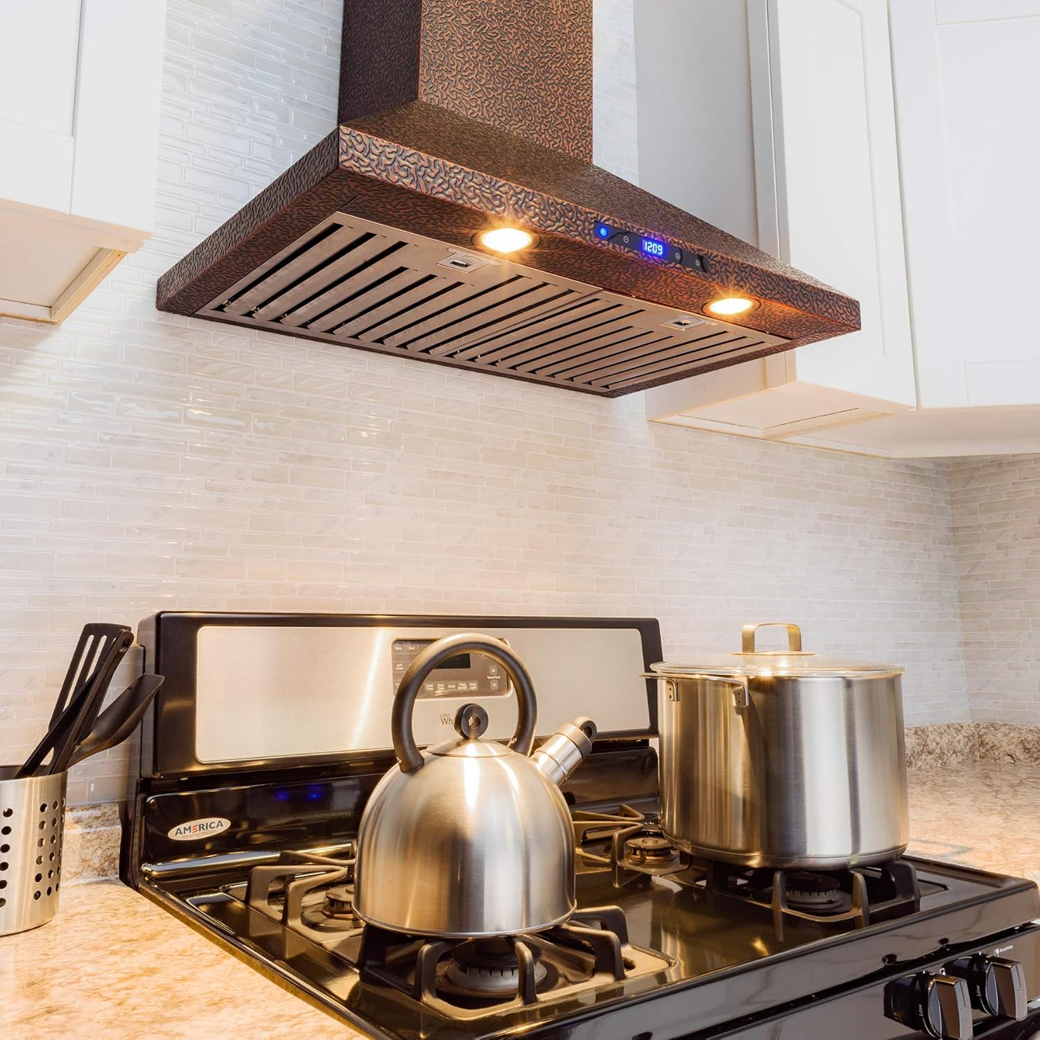 AKDY Wall Mount Range Hood 30" Embossed Copper Hood Fan for Kitchen