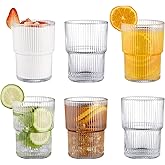 BJMEDYM Ribbed Glassesware 14 Oz Ripple Drinking Glasses Iced Coffee Glasses Glass Cup Set Of 6 Vintage Drinking Glasses Water Glasses Fluted Glassware Cocktail Glass Cute Glass Cups