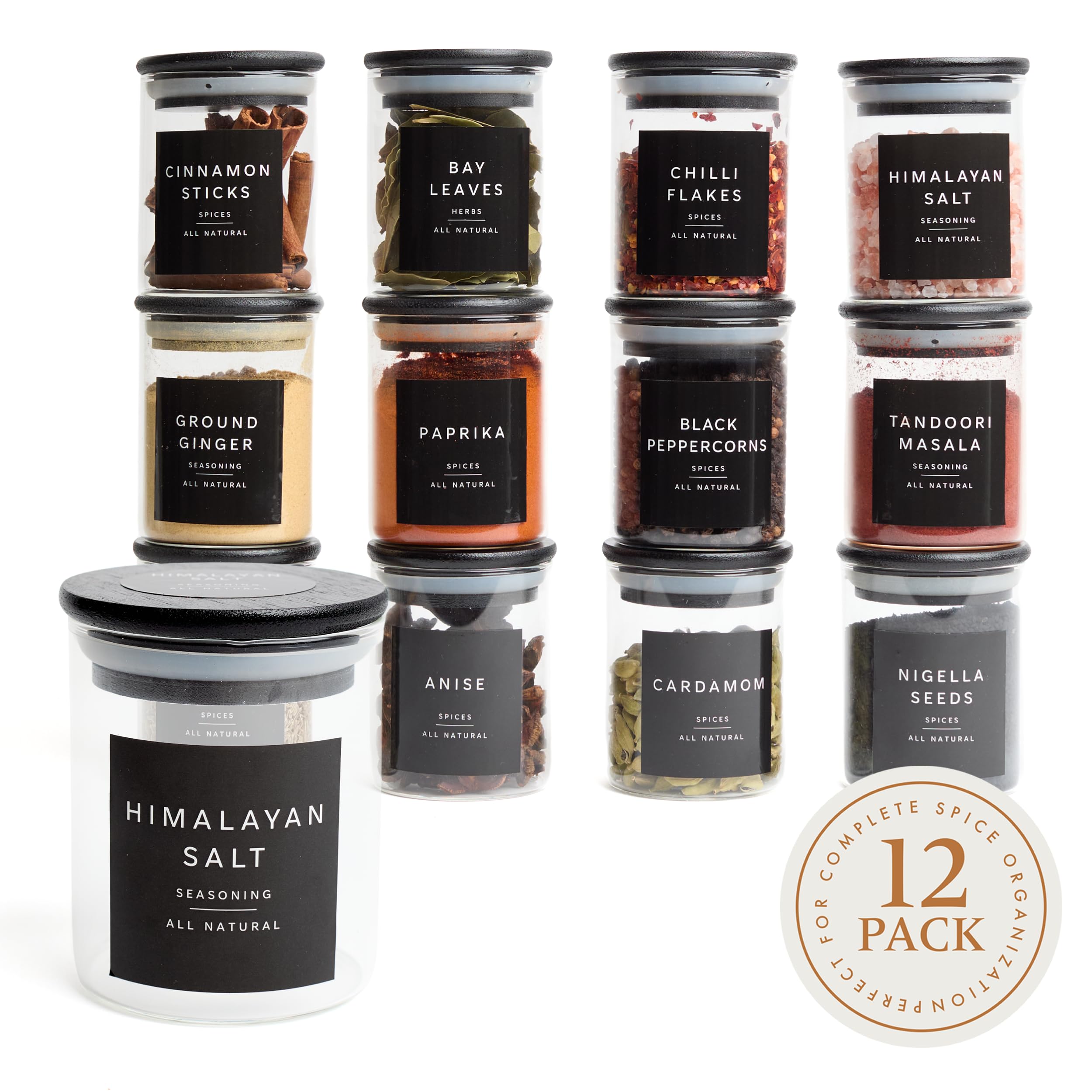 Livabl Glass Spice Jars with Lids and Labels – Bamboo Lid Spice Containers - Airtight Jars with 360 Black UK Designed Waterproof Pre-Printed Labels - Seasoning & Spices Storage (12 Packs - 200ml)