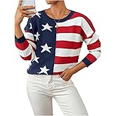 SweatyRocks Women's American Flag Sweater USA Star Striped Knit Sweater Pullover Long Sleeve Top