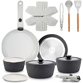 NutriChef 18-Piece Ceramic Cookware Set with Detachable Handles, Non Stick Pots and Pans, PTFE-Free Natural Ceramic Coating, Space-Saving Design, Oven &amp; Stove Safe, Includes Utensils