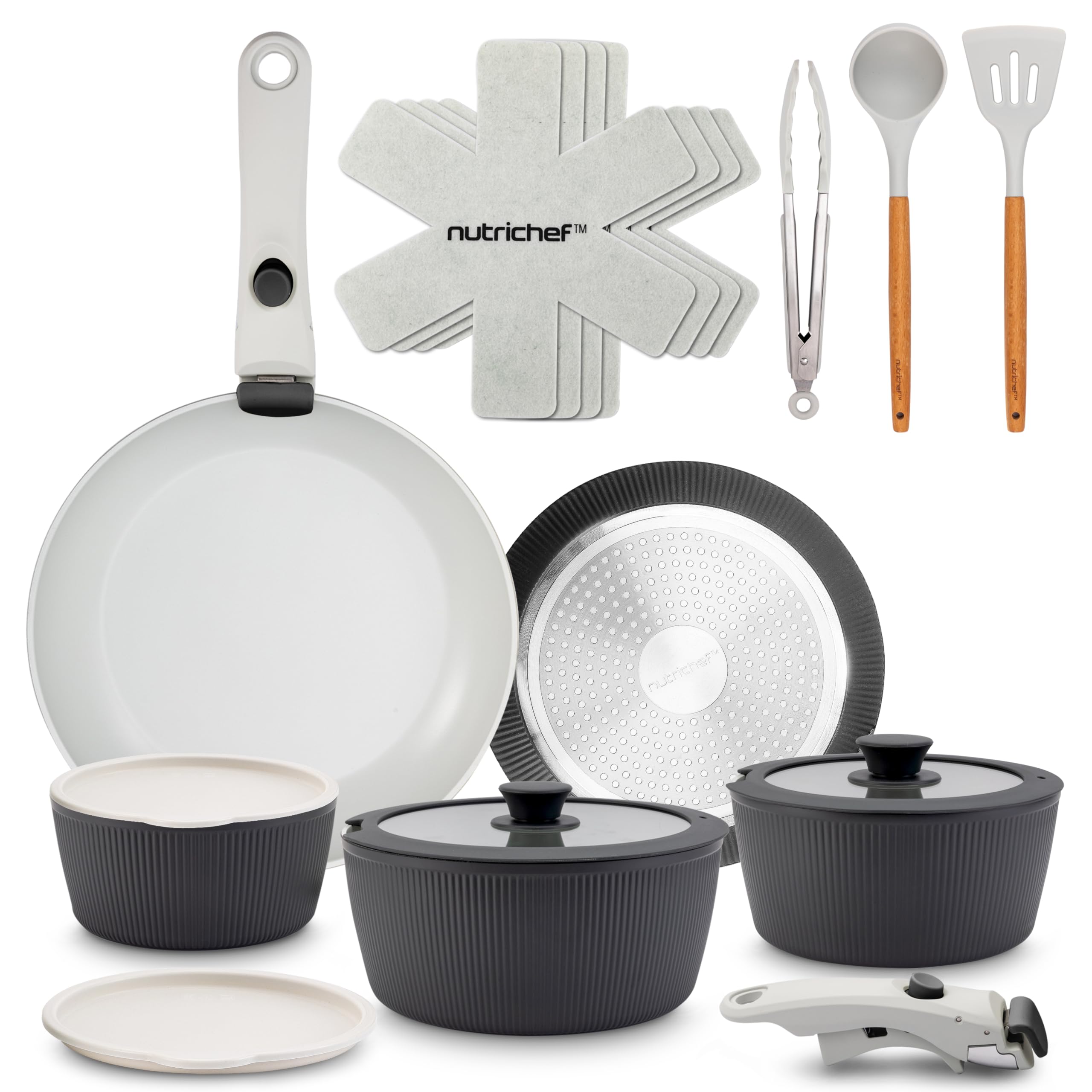 NutriChef 18-Piece Ceramic Cookware Set with Detachable Handles, Non Stick Pots and Pans, PTFE-Free Natural Ceramic Coating, Space-Saving Design, Oven & Stove Safe, Includes Utensils Image