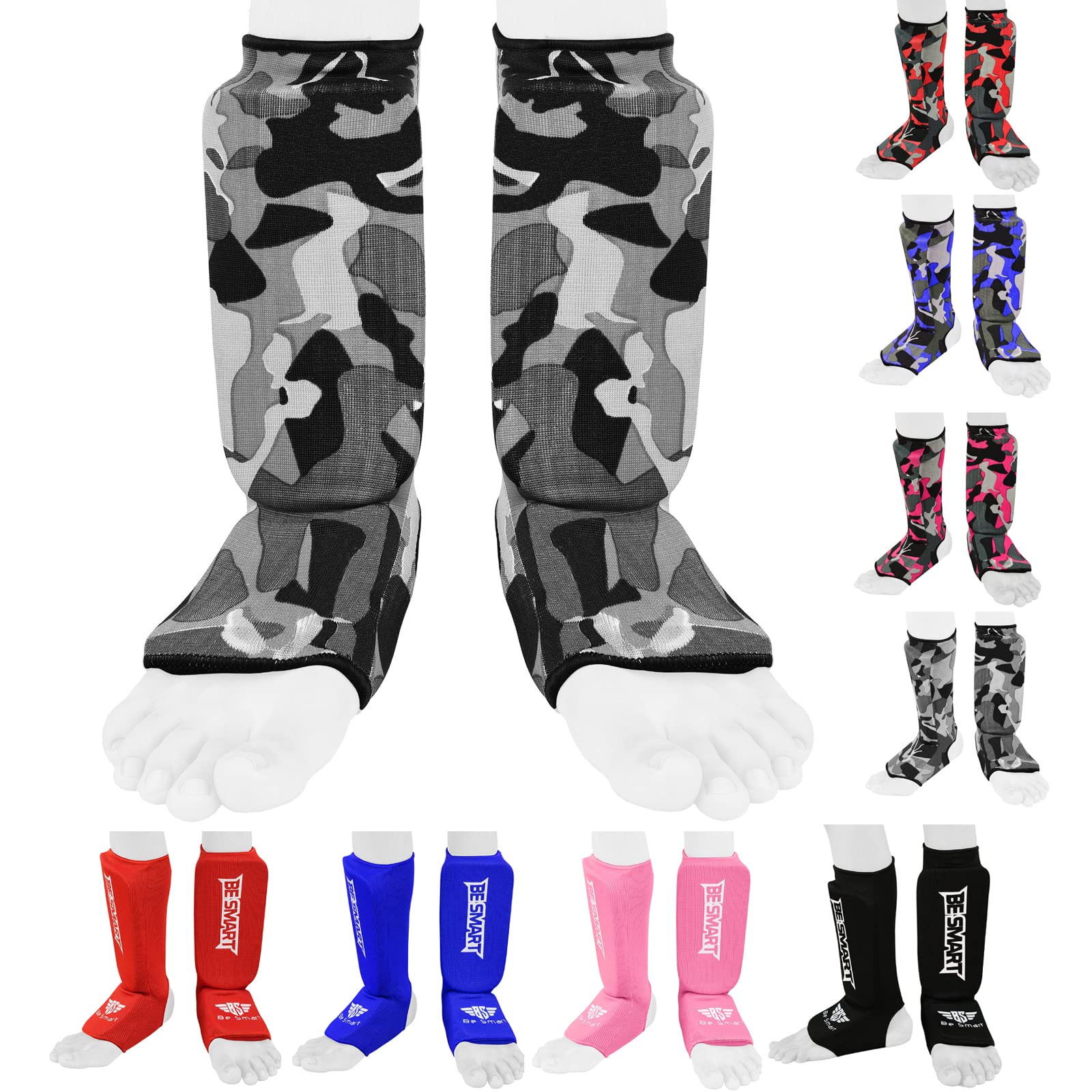 BE SMART INTERNATIONAL LTD Kids Kick Boxing Shin Protectors/Guard Foot Pads Junior Shin Instep Children (Grey Camo, XXXS (3 to 8 Years))