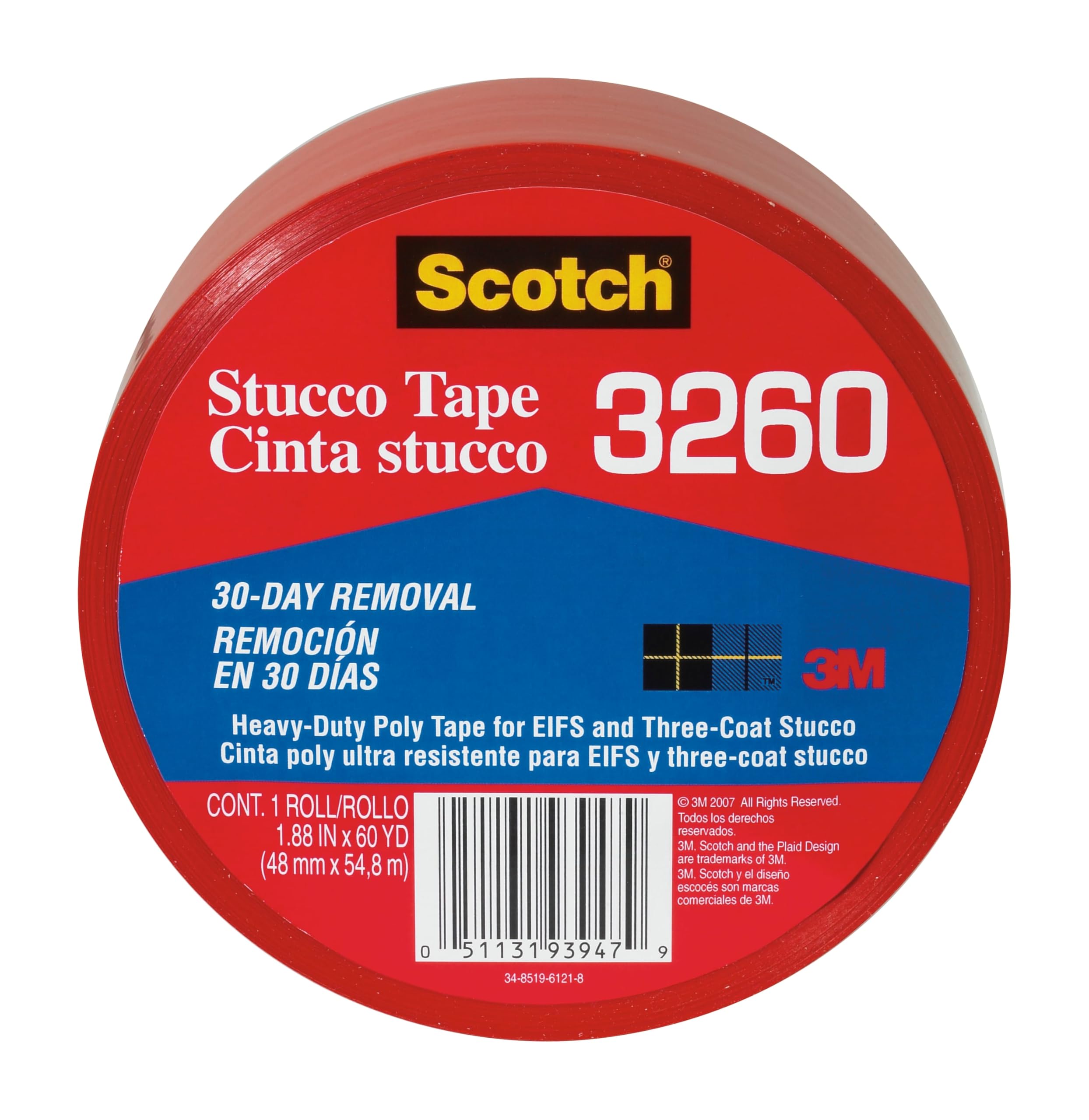 Photo 1 of Scotch Stucco Tape, 1.88 in x 60yd, 30 Day Clean Removal, Heavy-Duty Outdoor Stucco Tape, UV & Moisture Resistant, Water Resistant Poly Backing, 1 Roll, Red (3260-A)