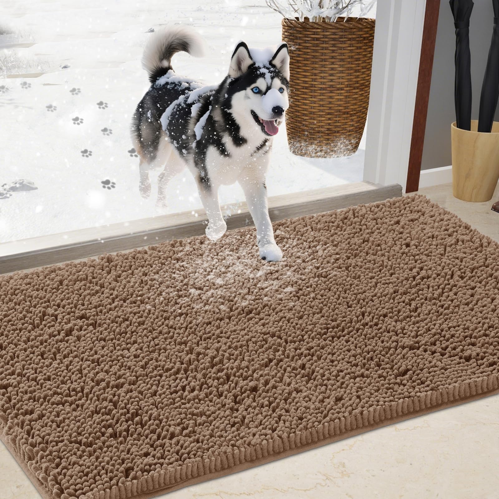 Photo 1 of IM HOME Chenille Absorbent Outdoor Doormat 60" x 48", Washable Muddy Door Mats for Dog Non Slip Indoor Doormats Dog Mat for Muddy Paw Front Inside Doormats for Entryway Camel