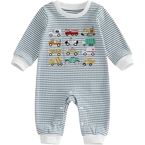 Newborn Baby Boy Fall Outfit Romper Jumpsuit Infant Waffle Clothes | Vehicle Tractor Truck Embroidery Cute Long Sleeve Round