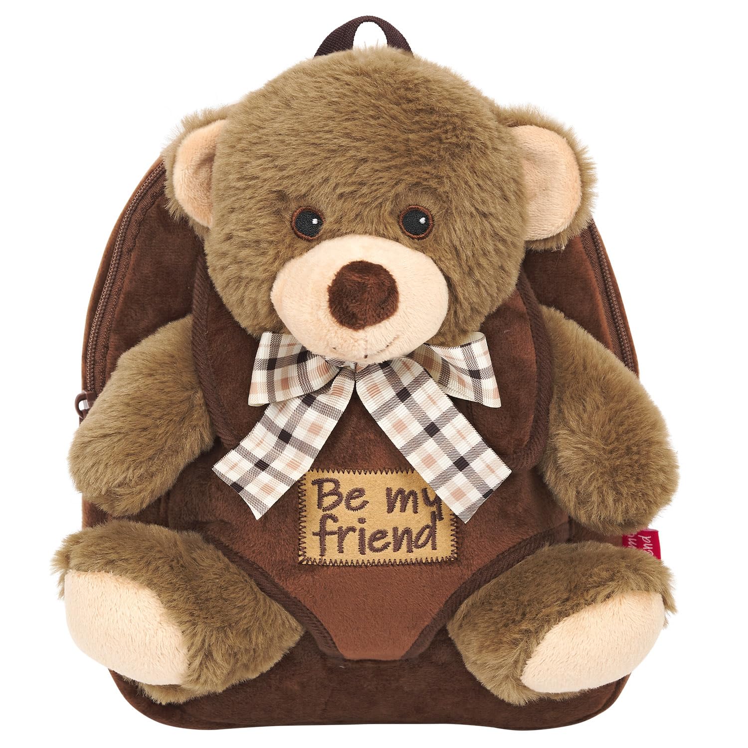 PERLETTI Plush Teddy Bear Backpack for Kids with Fluffy Stuffed Puppet - Toddler Children 3 4 5 Years Daypack Kindergarten School - Baby Boy Girl Cuddly Animal Handbag 21x27x9 cm(Brown Bear with Bow)