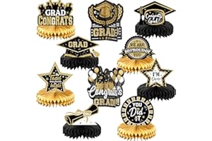 Yisong 10 Pcs Graduation Party Decorations Class of 2025 Congrats Grad Honeycomb Centerpieces Congratulate Graduation Table Toppers for Party Supplies(Gold, Black)