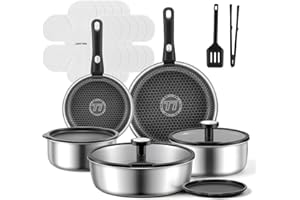 JEETEE 18 Pcs Hybrid Tri-Ply Stainless Steel Cookware Set, Pots and Pans Set Non Stick with Detachable Handles, Space Saving 
