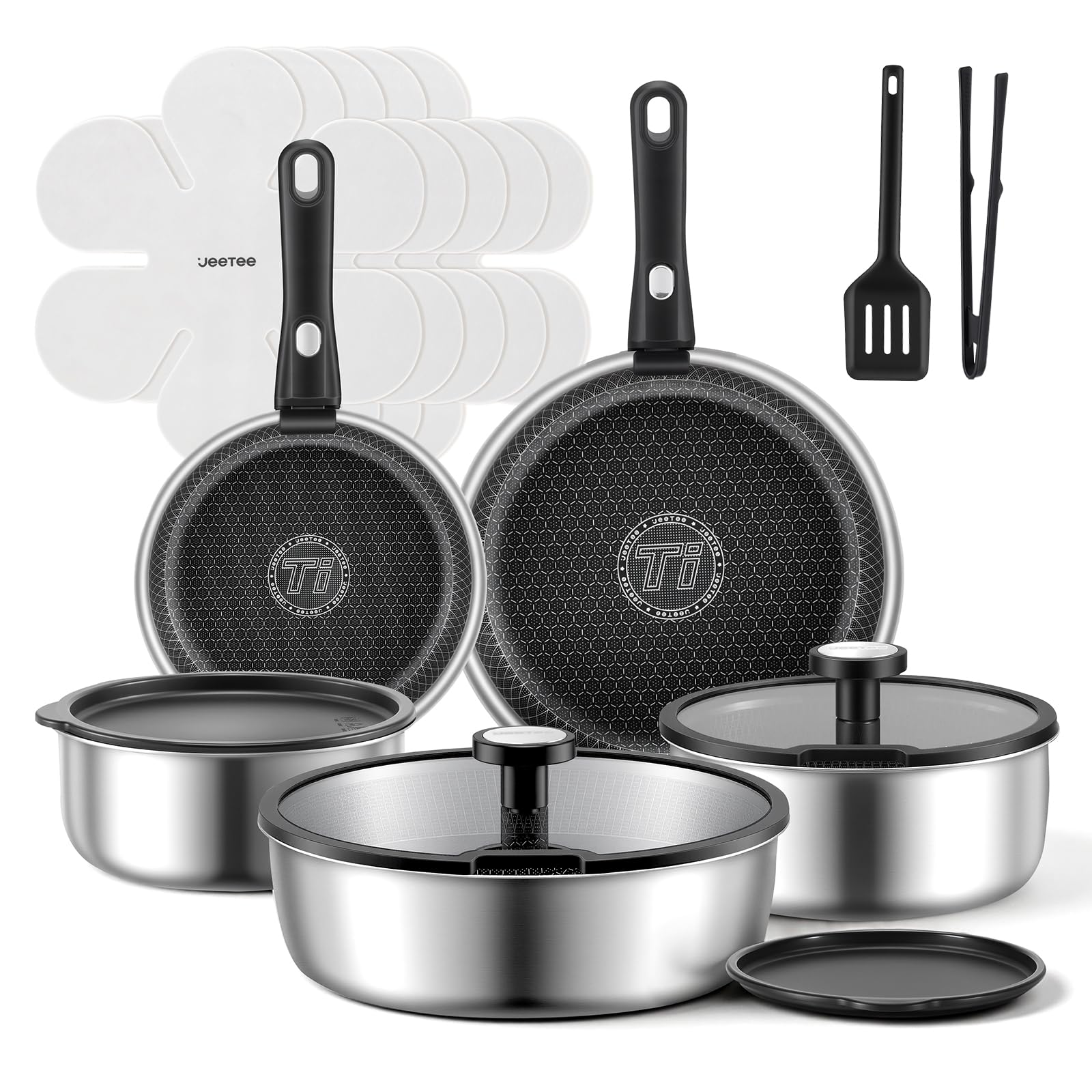 Photo 1 of Jeetee Tri-Ply Stainless Steel Cookware Set, 18pcs Pots and Pans Set Non Stick with Detachable Handles, Induction Cookware Set Kitchen Cooking Sets, RV/Camping Cookware, Dishwasher & Oven Safe