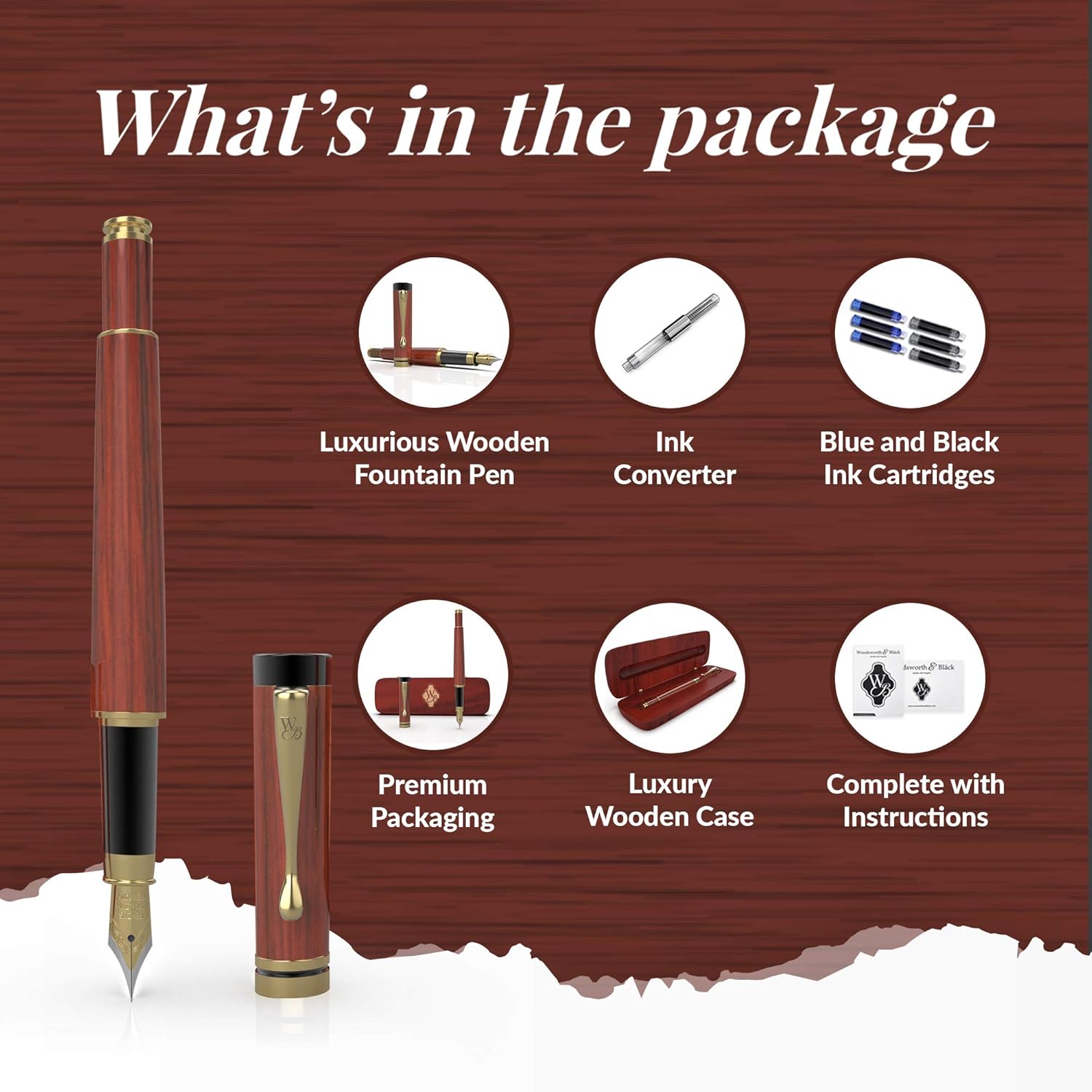 Wordsworth & Black Fountain Pen Set, Luxury Bamboo Wood, Medium Nib, Gift Case; Includes 6 Ink Cartridges - Image 5