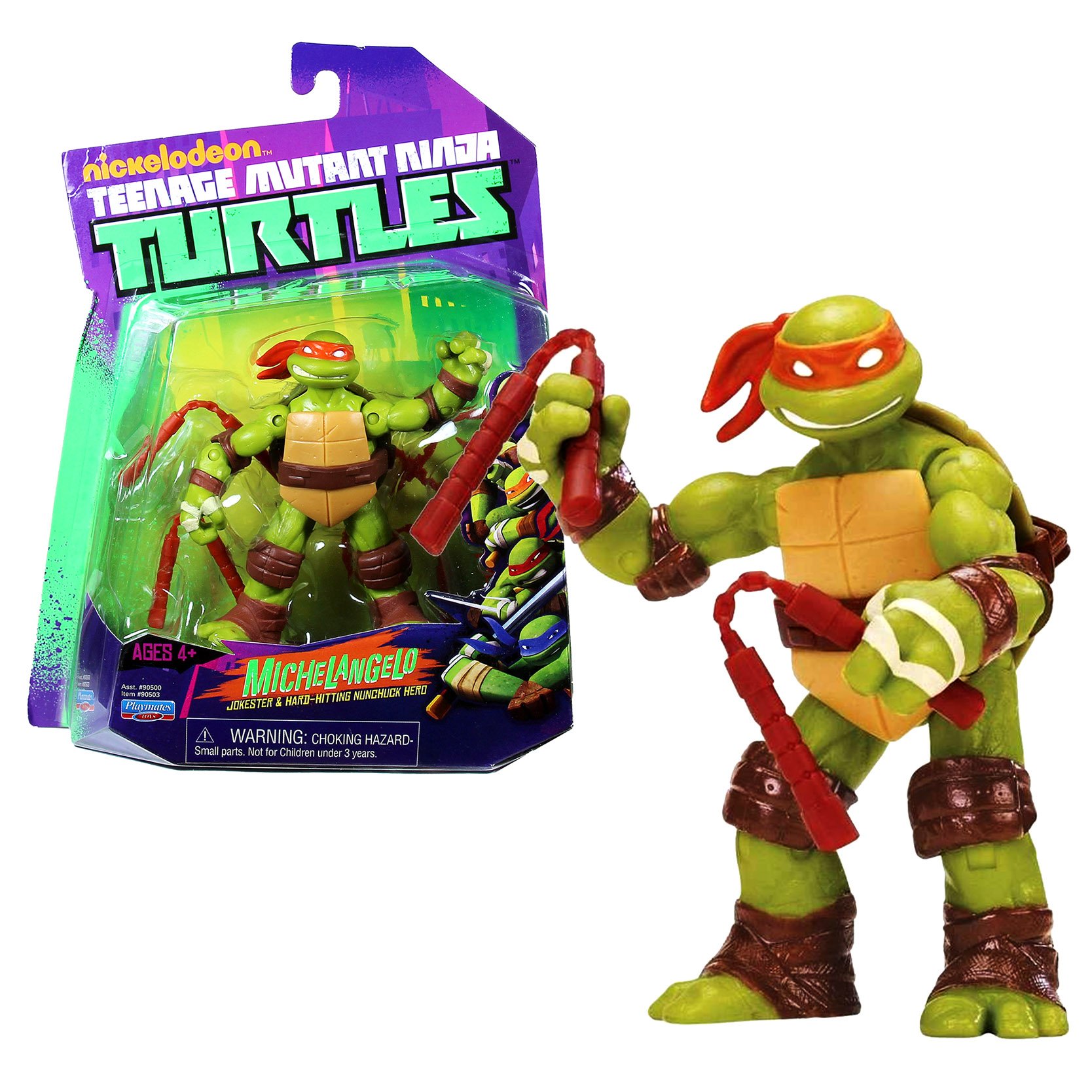Playmates Year 2012 Nickelodeon Teenage Mutant Ninja Turtles 4 Inch Tall Action Figure - Jokester and Hard Hitting Nunchuck Hero MICHELANGELO with Nunchakus, Kusarigama and Shuriken Stars