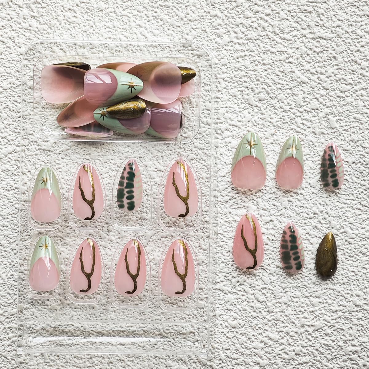 Green French Tip Press on Nails Short Almond Fake Nails Gold Line False Nails with Design Star Glue on Nails Glossy Artificial Acrylic Nail Full Cover Nude Stick on Nails for Women Manicure 30Pcs - Image 5