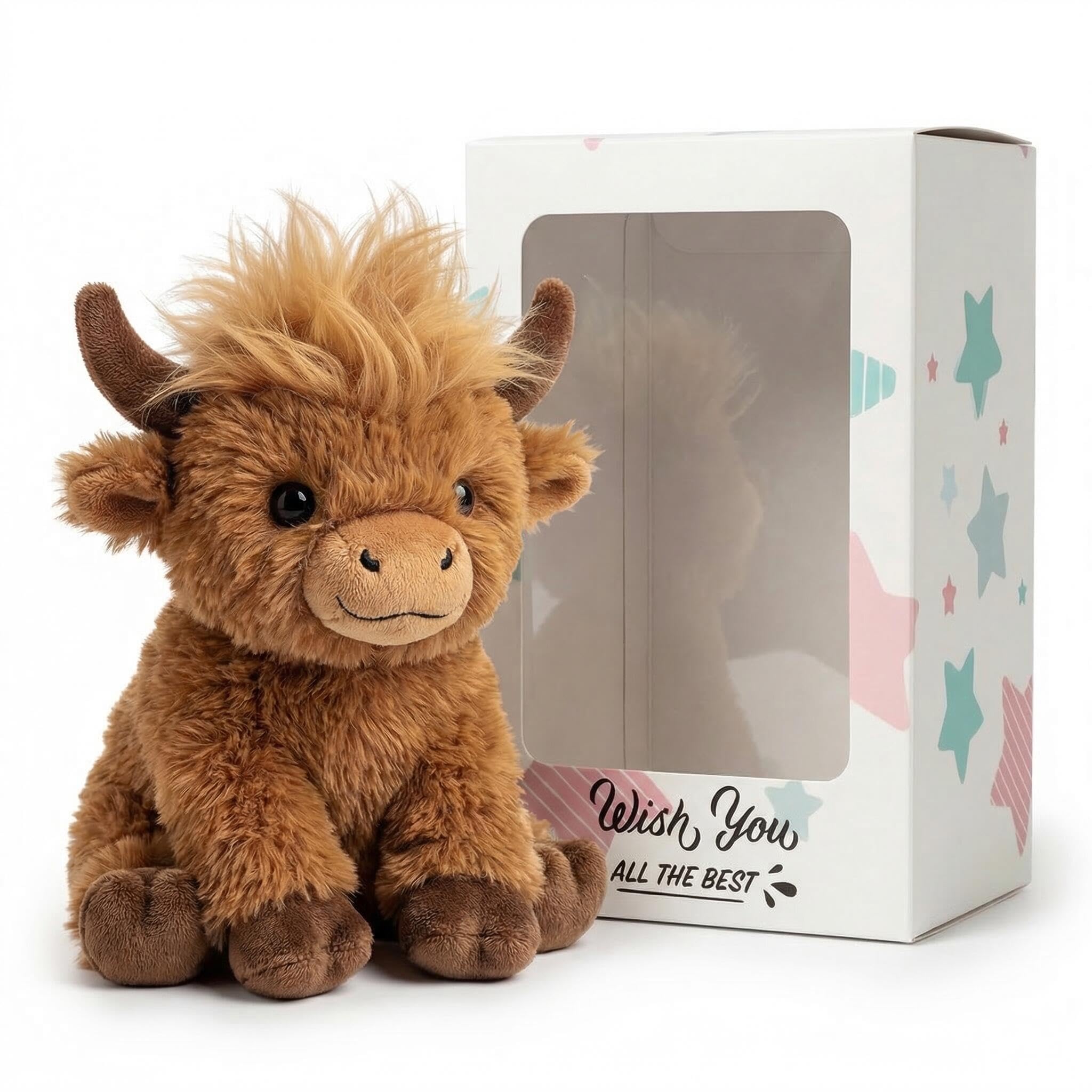 Photo 1 of SHSEEN Highland Cow Stuffed Animal - 8 Inch Fluffy Plush with Styleable Hair, Soft Cow Toy for Toddler & Baby, Cute Sitting Scottish Cattle Gift for Kids & Desk Decor