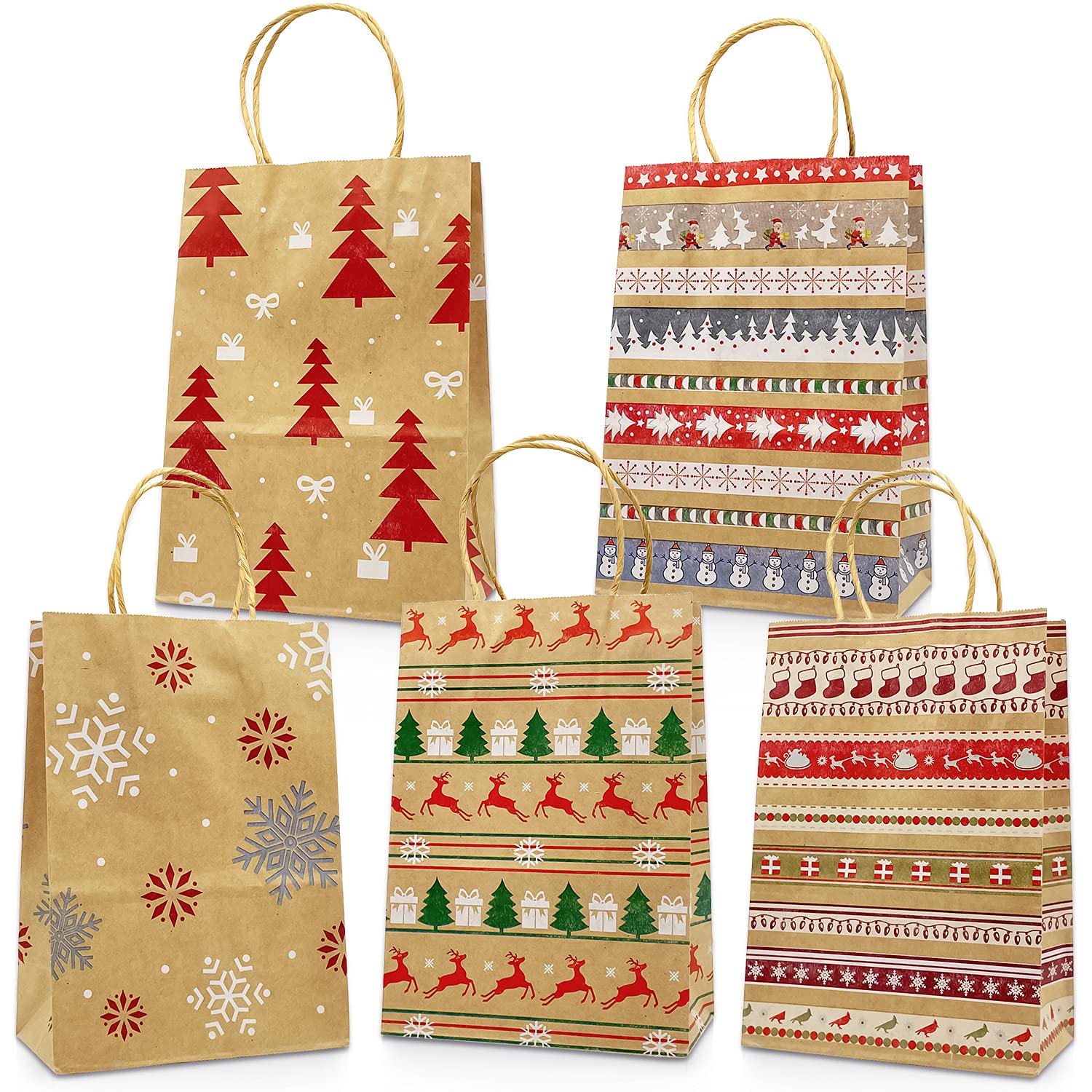 Kraft Gift Bags - Assorted Christmas Styles, 20 Count Xmas Bags with Handles & Prints for Gift Wrapping & Party Supplies