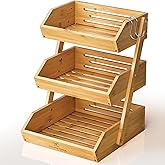 KOMFORA Bamboo Fruit Basket 3-Tier - Premium Produce Basket for Kitchen w/ 2 Hangers - Durable & Easy to Assemble Stand for Countertop - Perfect Holder for Vegetables, Bread, Snacks & More
