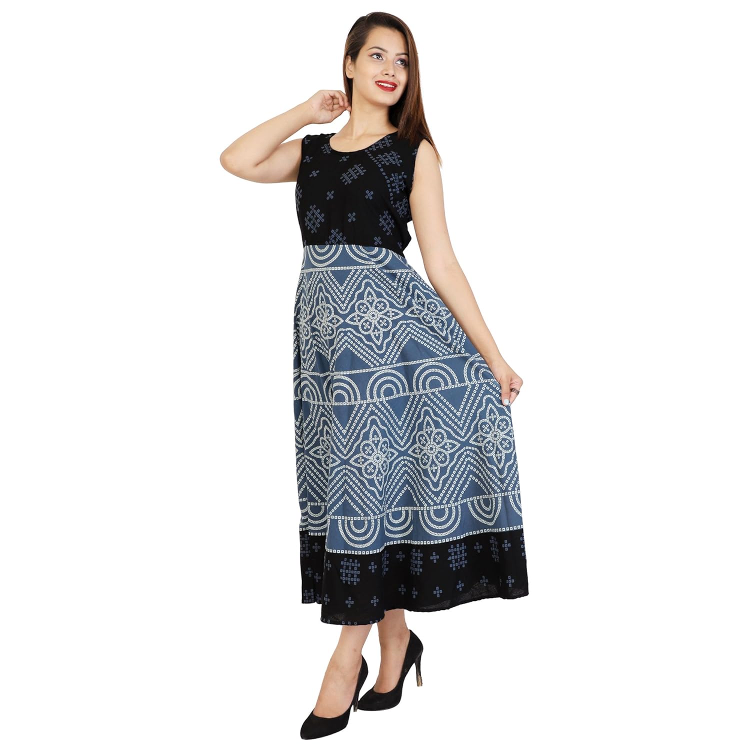 theurbanstreet 100% cotton long western blue maxi dress for women