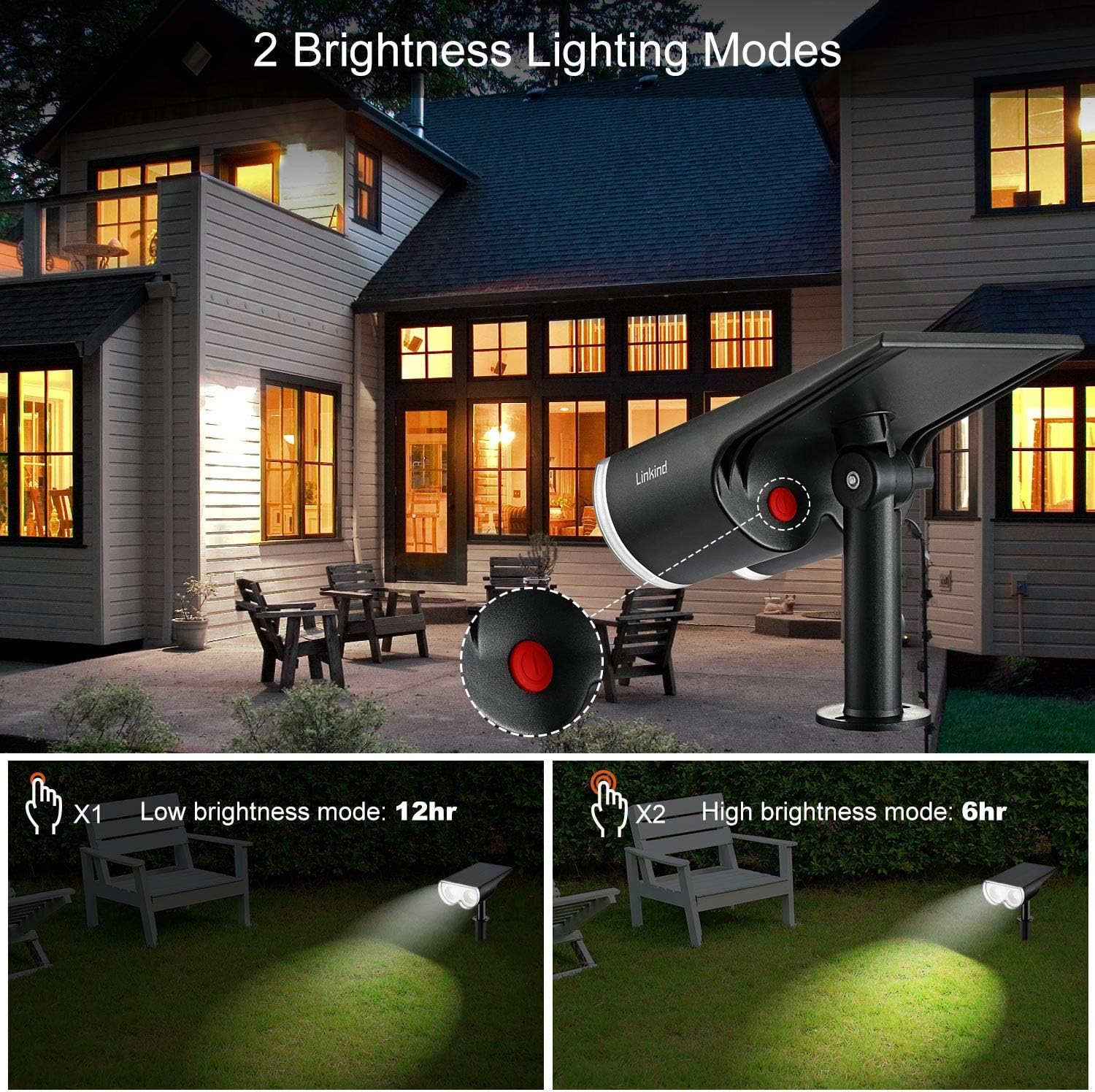 Linkind 16 LEDs Solar Landscape Spotlights, Dusk-to-Dawn IP67 Waterproof Solar Powered Spot Lights, 6500K Daylight White, Outdoor Wall Lights for Garden Yard Driveway Porch Walkway, 2 Pack - - 