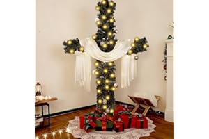 JUSTFORJOYFUL 5Ft Artificial Christmas Cross Tree with a String Lights and a White Silk Scarf Christmas Easter Decorations Jesus Christ Catholic Cross Decor He is Risen Decorative Cross Tree for Outdoor Home Decor
