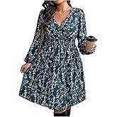 BEAUDRM Women's Plus Size Floral Dress Boho Wrap V Neck Long Sleeve Ruffle Hem A Line Flowy Short Dresses