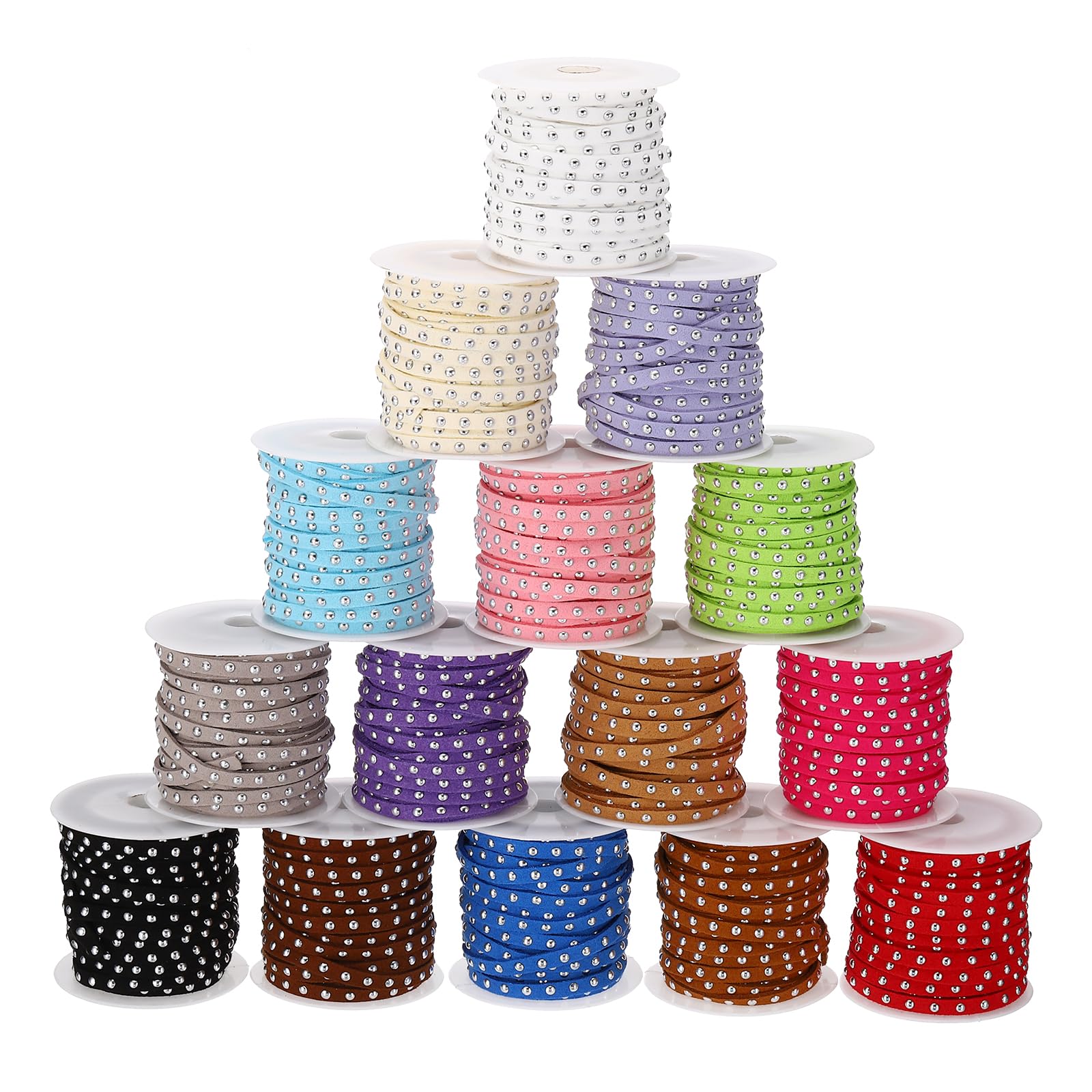 PATIKIL 82 Yards 15 Color Studded Faux Suede Cord Rope for Jewelry Making, 15Pcs Each 5 Meter 5mm Micro Fibre Flat Leather Lace Beading String Ribbon with Silver Rivets