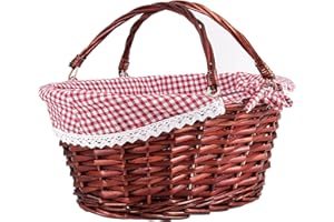 ZEONHEI Brown Oval Wicker Woven Basket, Attractive Willow Woven Gift Basket, Cheap Fruit Picnic Easter Candy Wedding Party Decoration Serving Basket with Folding Handles Elegant Linen Cloth Lining