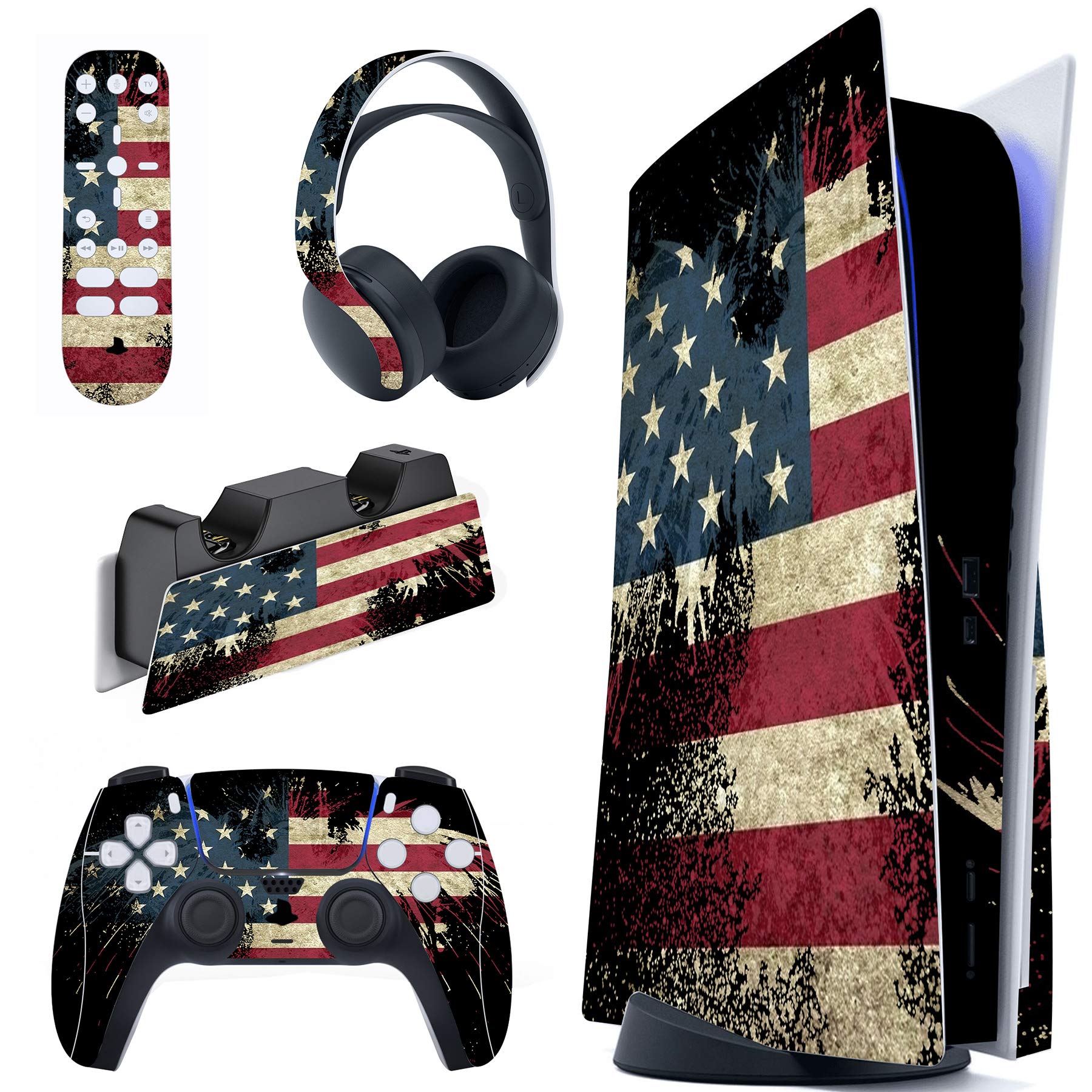 PlayVital US Flag The Stars & Stripes Full Set Skin Decal for ps5 Console Disc Edition, Sticker Vinyl Decal for ps5 Controller & Charging Station & Headset & Media Remote