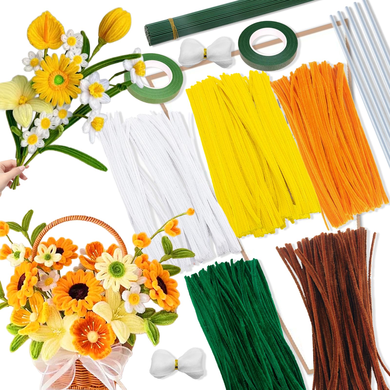 449 Pcs Sunflower Pipe Cleaners for Craft, 400 Yellow/Orange/White/Brown/Green, 30 Floral Steams 10 Wrapping Paper 2 Florist Tape 2 Ribbons 5 Adhesive Stick, Pipe Cleaner Flowers Set for DIY Bouquet