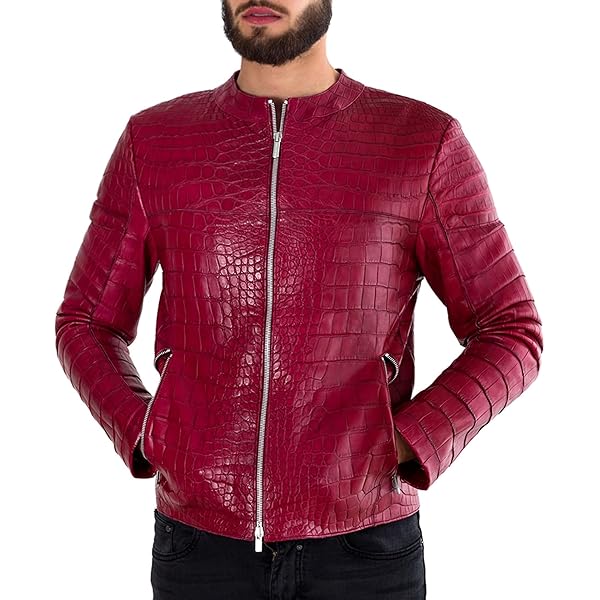 Men's Red Crocodile Print Leather Jacket Fur Hood, Python Textured
