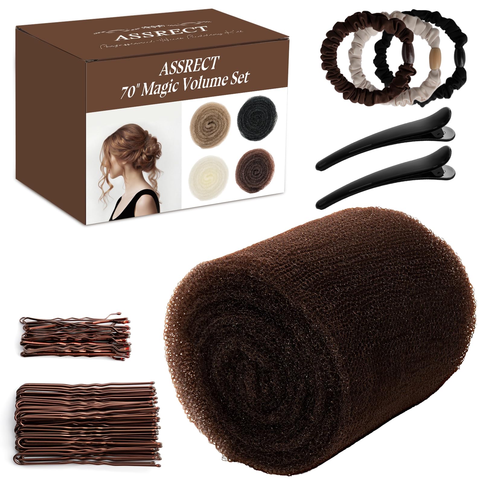 Photo 1 of 70 * 5"Updo Hair Hair Bumps, Volume Insert Kit Accessories with 20 Bobby Pins, 20 U-Shape Pins, 2 Duckbill Clips, 3 Hair Ties Ponytail Volumizer For Bun, Wedding, Party (Brown)