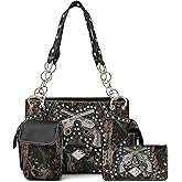 Camouflage Western Style Horse Purse For Women Studded Handbag Floral Tooled Leather Country Shoulder Bag Matching Wallet Set