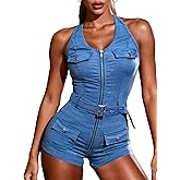One Piece Jumpsuits for Women One Piece Sleeveless V Neck Zipper Up Jumpsuit Rompers with Pockets