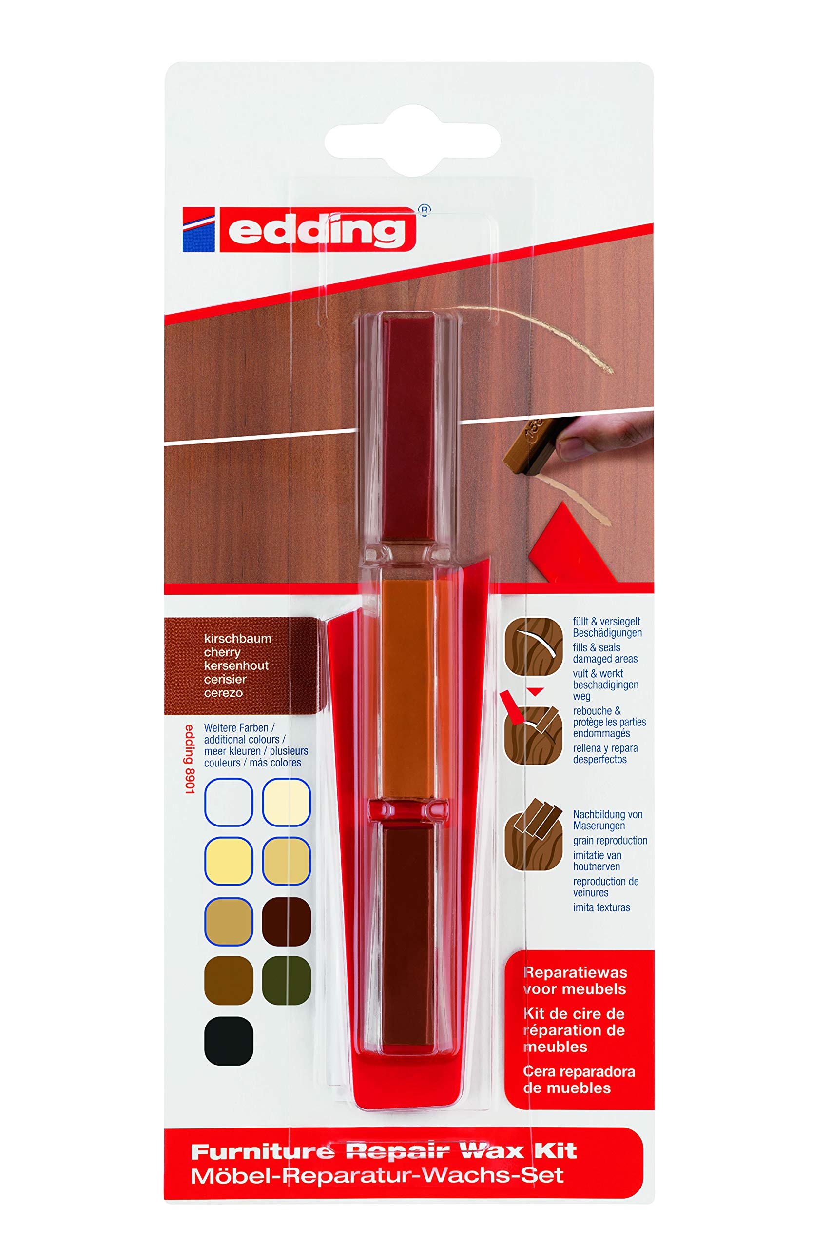 edding 8901 furniture repair wax kit - cherry - for filling in and repairing scratches and holes on furniture and other wood surfaces
