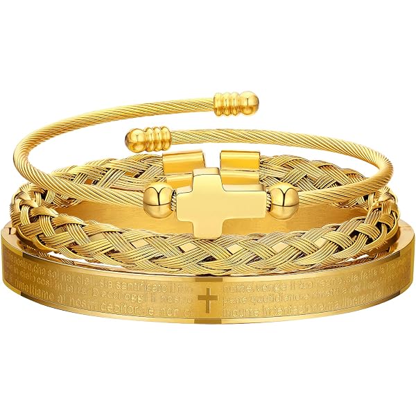 Men's Gold Roman Numeral Stainless Steel Bracelet Set - Adjustable Cuff & Twisted Cable - Royal Crown Charm Jewelry Gift - View #5