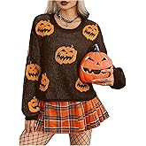 SweatyRocks Women's Pumpkin Print Graphic Sweater Long Sleeve Knitted Fall Outfits Pullover Tops Coffee Brown Large