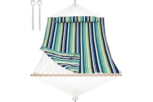 ANOW 2 Person Hammock with Spreader Bars, Rope Hammock with Pad for Outside, 450 LBS Weight Capacity, Green & Blue Stripe