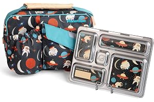 PlanetBox Rover Stainless Steel Bento Box Style Lunch Box Kit for Kids with 5 Compartments – Space Animals Edition includes Insulated Lunch Bag, Leakproof Food Containers and Matching Magnets