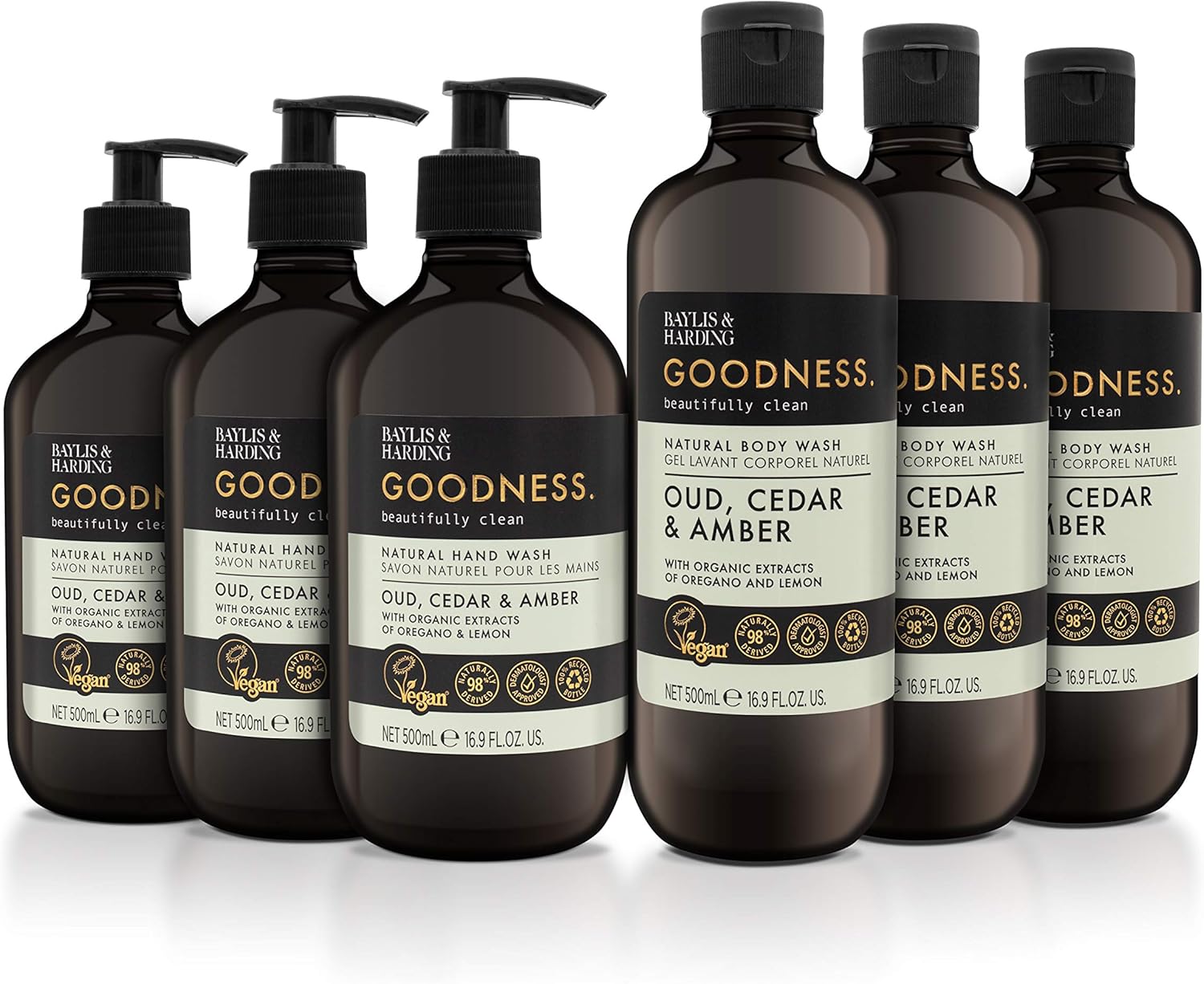 Baylis & Harding Goodness Oud, Cedar and Amber 3 x 500 ml Hand Wash and 3 x 500 ml Body Wash