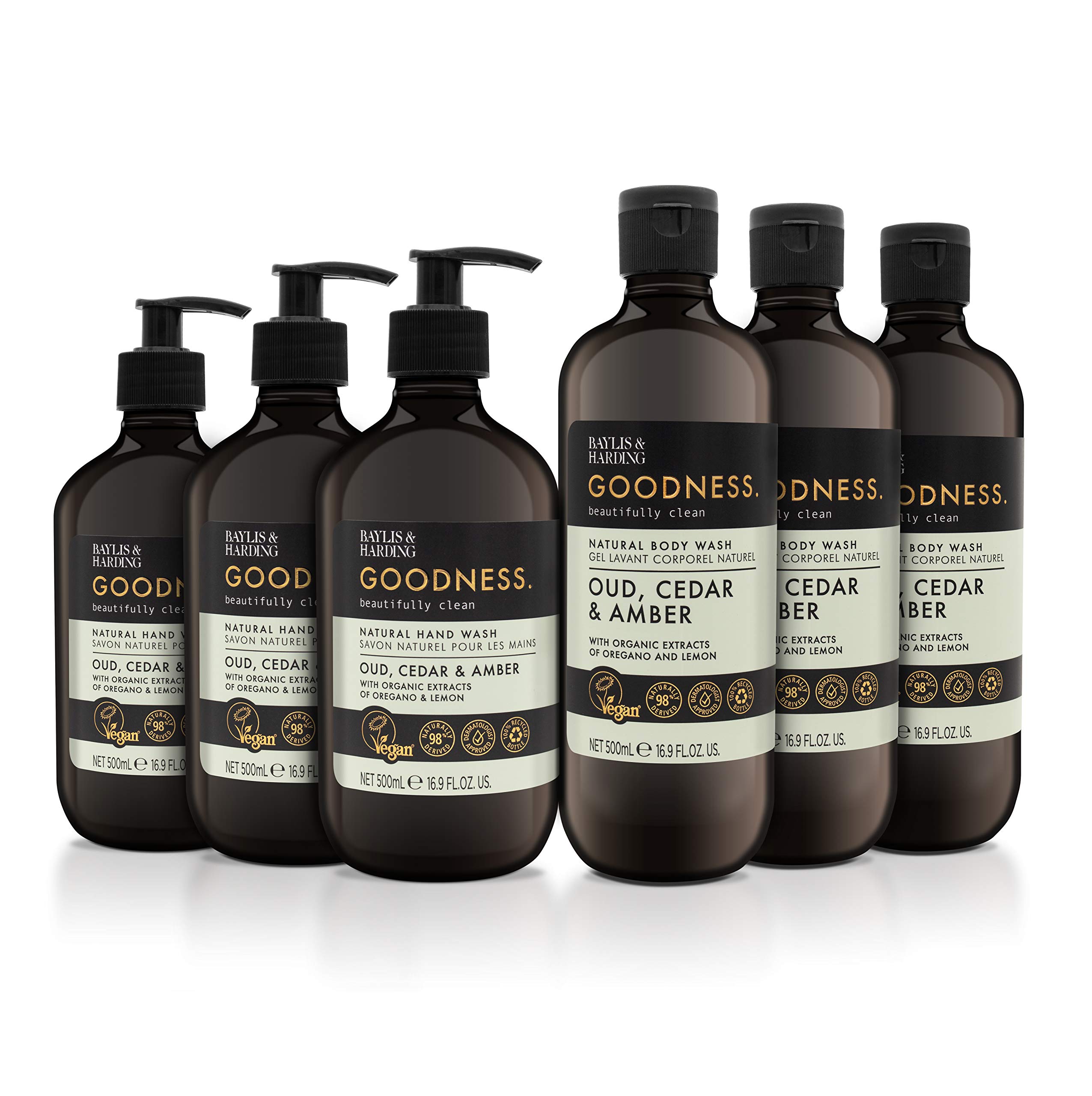 Baylis & Harding Goodness Oud, Cedar & Amber Toiletries Bundle: 3 x 500 ml Hand Wash & 3 x 500 ml Body Wash (6 bottles) - Vegan Friendly