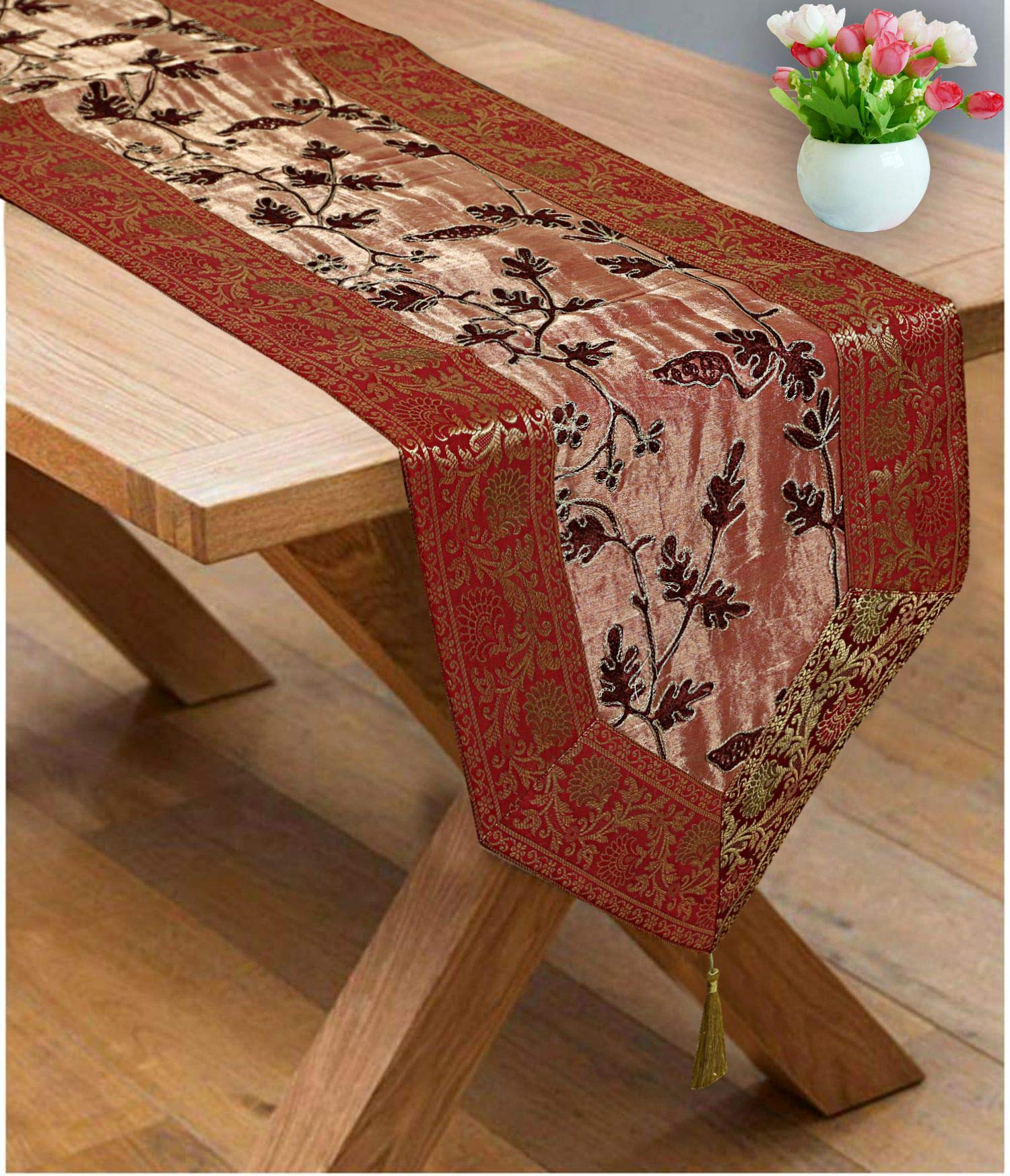 Stylo Culture Indian Dining Christmas Table Runner Extra Long 6 Ft Maroon Coffee Ethnic Brocade Bordered 72 Inch Decorative Placemat Zari Embroidered Tassels Embellished Table Cloth