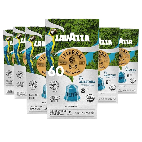 LAVAZZA TIERRA AMAZONIA USDA ORGANIC ESPRESSO ALUMINUM CAPSULES COMPATIBLE WITH NESPRESSO ORIGINAL MACHINES (PACK OF 60) ,VALUE PACK, MEDIUM ROAST 100% ARABICA, ROUND & BALANCED, NOTES OF CHOCOLATE & CARAMEL, INTENSITY 8 OF 13