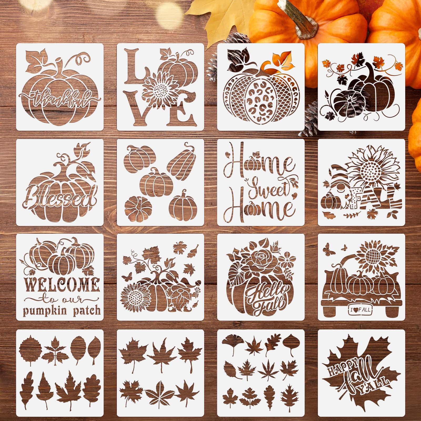 Photo 1 of 16 Pcs Fall Pumpkin Templates - Reusable Maple Leaf Stencils for Wood, Harvest, Thanksgiving, Autumn Crafts - DIY Painting Home Decorations, 16 Styles
