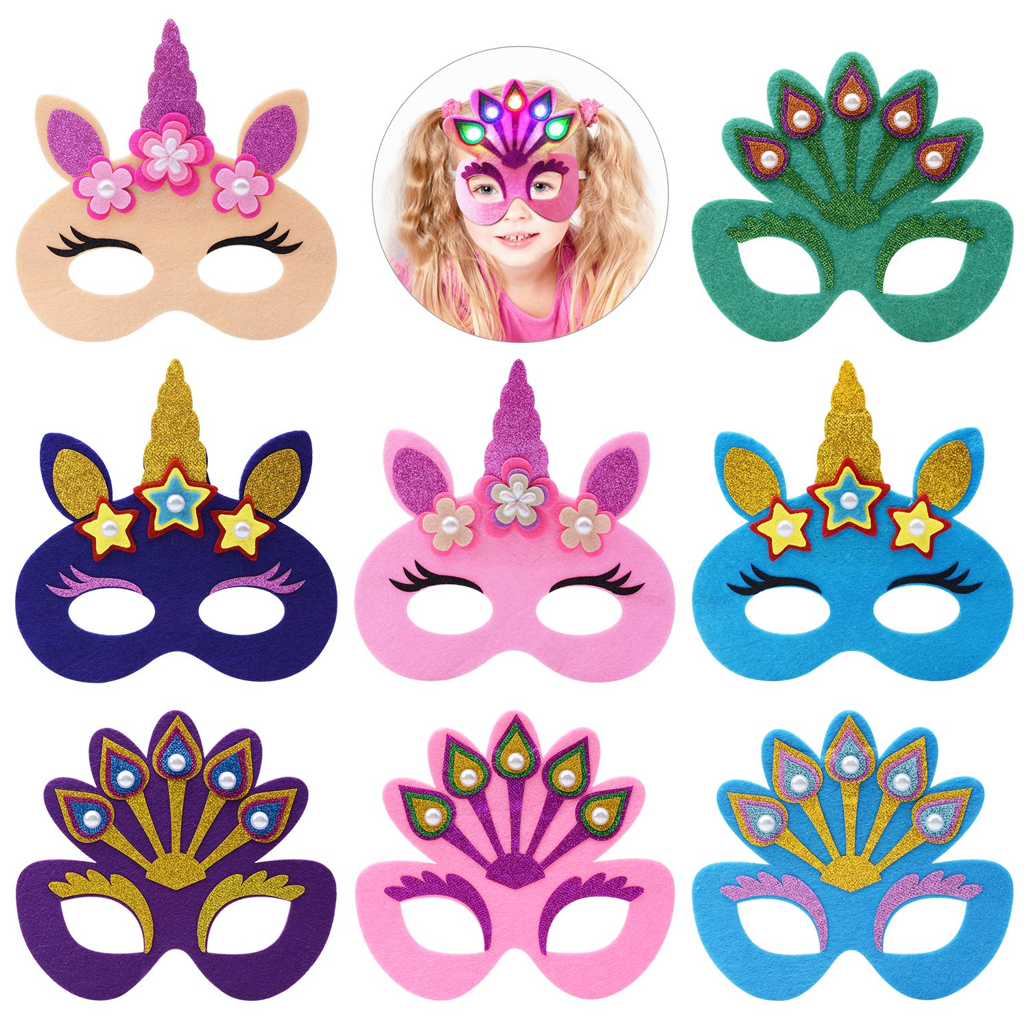 Halloween Party Mask, Fascigirl 8PCS LED Cartoon Eye Mask Unicorn Peacock Eye Mask for Kids Party Favors Costume Halloween Party Supplies for Adults Kids