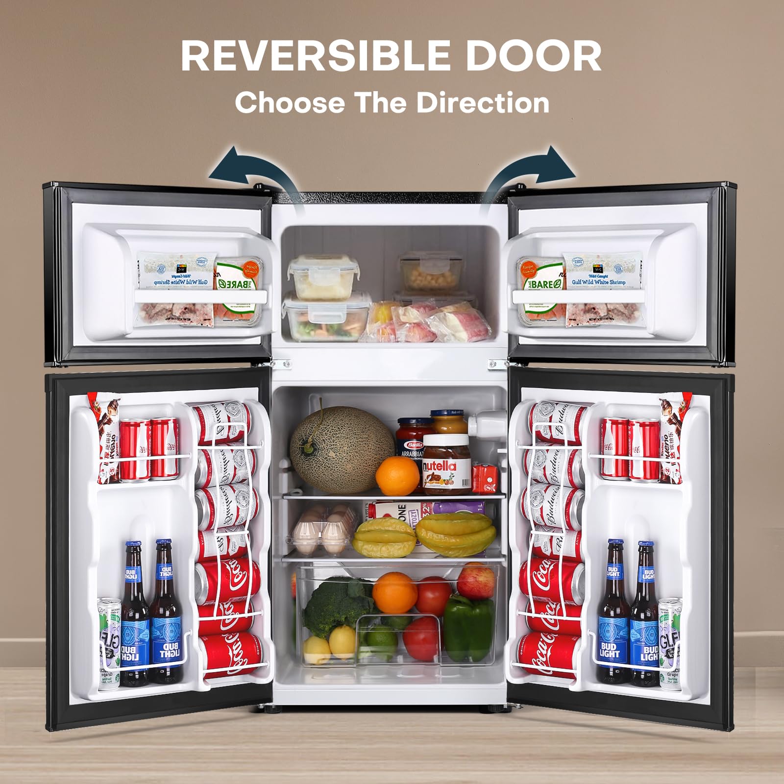 Upstreman 3.2 Cu.Ft Mini Fridge with Freezer, Double Door Mini Fridge, Adjustable Thermostat, Mini Refrigerator for Dorm, Office, Bedroom, Stainless-SD321