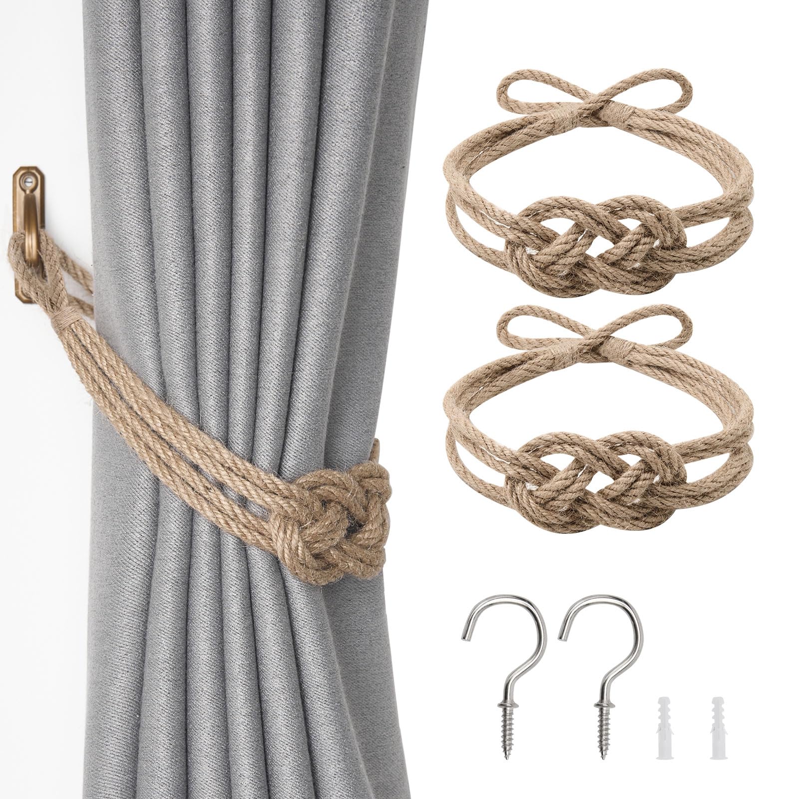 Pretty Jolly 2 Pack Natural Jute Rope Curtain Tiebacks Boho Rustic Style Decorative Drape Tie Backs Elegant Hand-Woven Rope Curtain Holdbacks with Metal Hook for Home & Office Drapery (Jute-Knot)