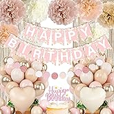 Blush Beige Birthday Decoration for Women Girls with Daisy Flower Happy Banner, Boho Dusty Pink Paper Pom Poms, White Sand Pink Gold Balloons Set And Fringe Curtain, Fall Birthday Theme Party Décor