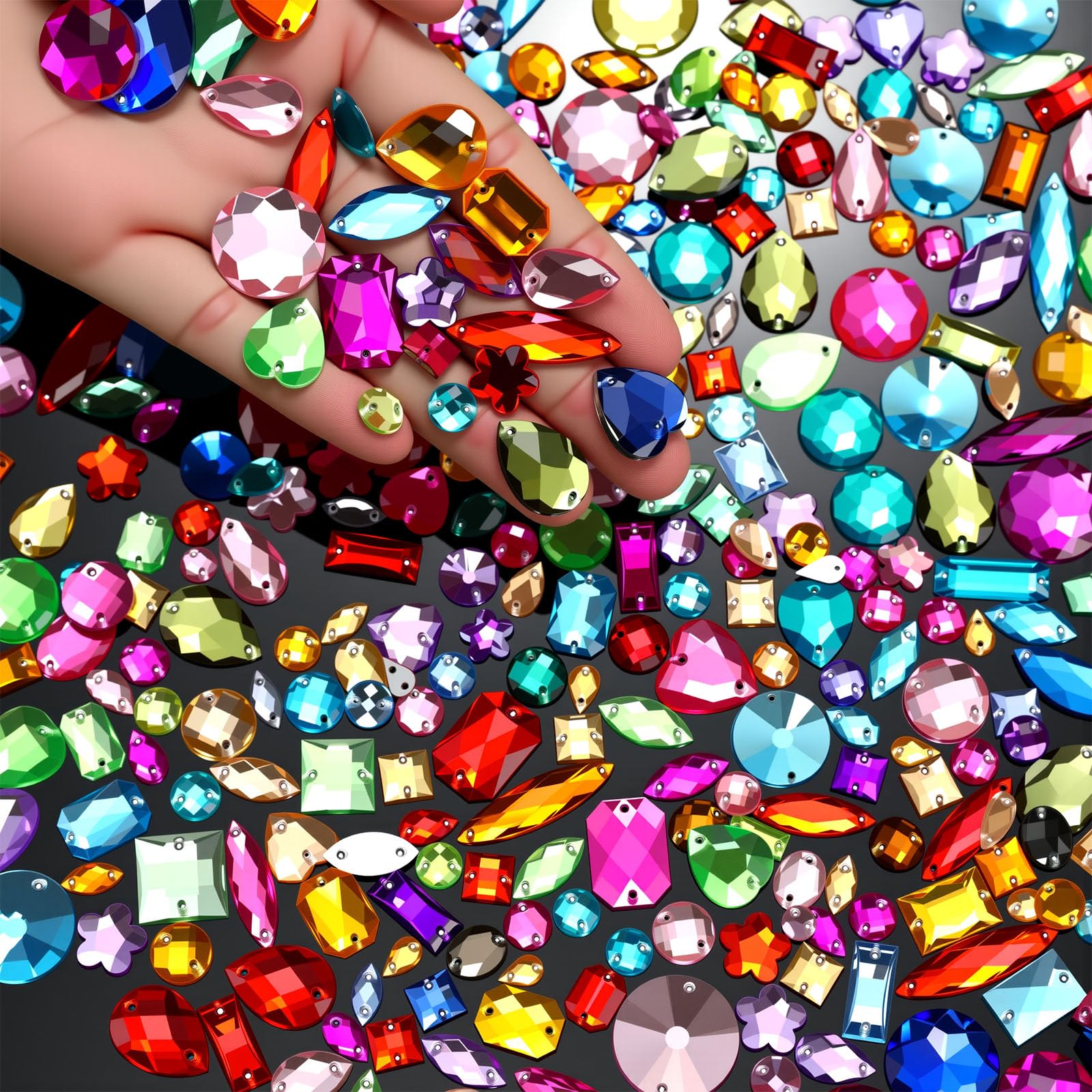 Chuangdi 500 Pcs Sew on Rhinestone Glass Crystals Acrylic Gems with 2 Holes Mix Shape Mix Size Flatback for DIY Jewelry Crafts Clothes Shoes Bag Costume Sewing Beads Decorations(Multicolor)