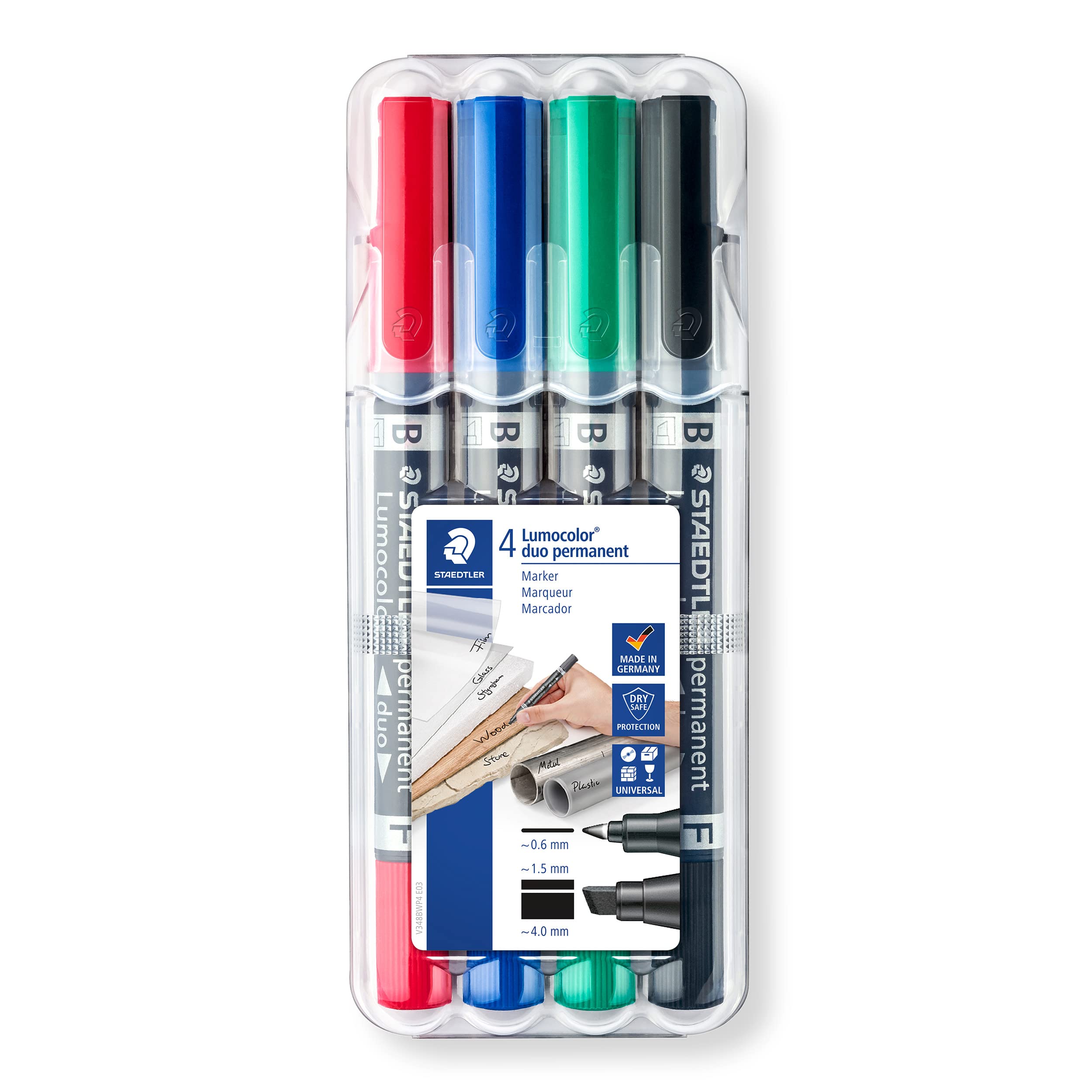 Staedtler 348 B WP4 Lumocolor Duo Permanent Marker, 0.6 mm and 1.5 mm or 4 mm Medium Chisel Tip, Pack of 4 in Prop-Up Box