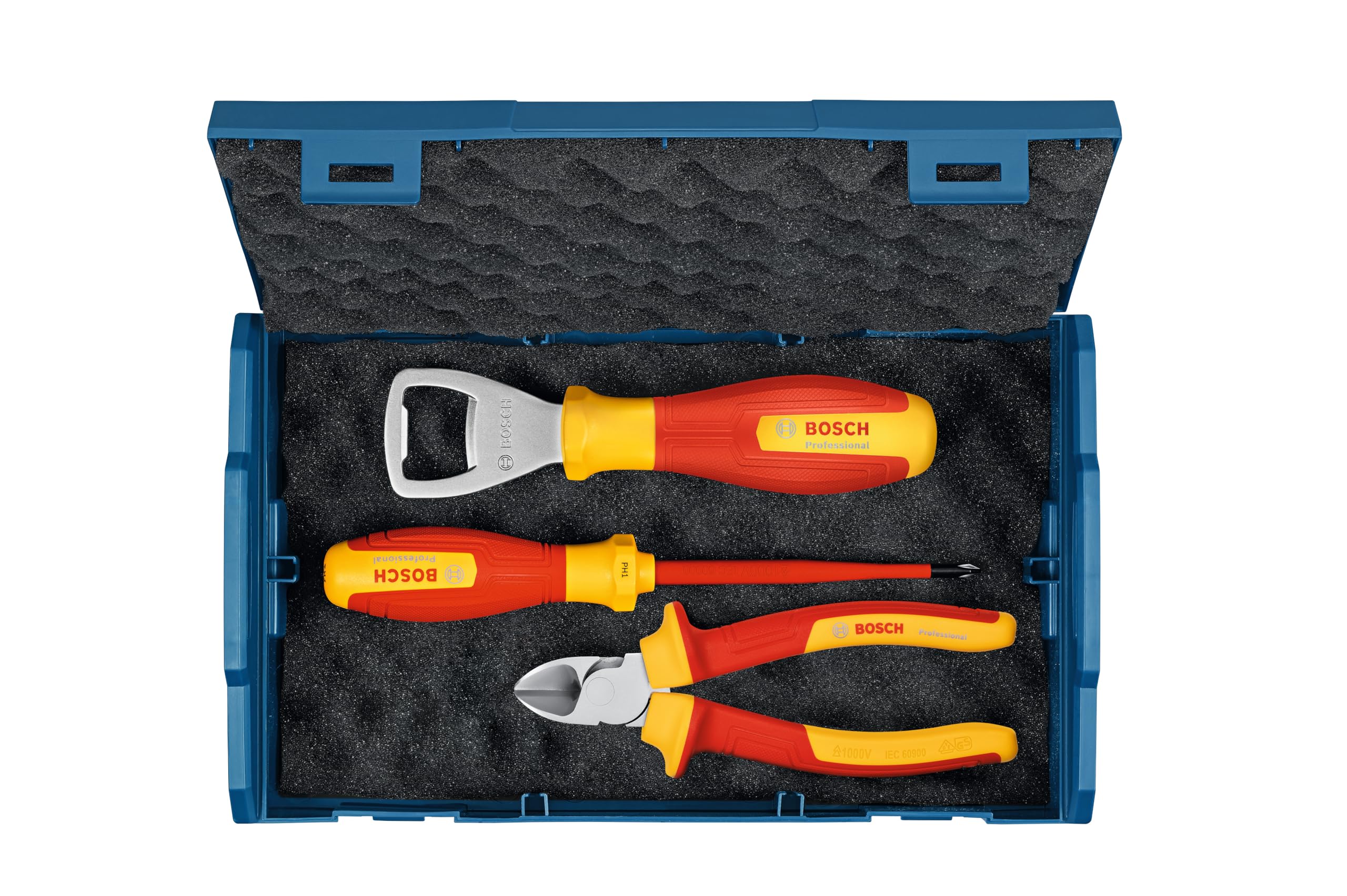 Bosch Professional 3-tlg. Handwerkzeug-Set (inkl. 1x VDE-Schraubendreher (PH1), 1 x VDE-Seitenschneider (160mm) und 1 x Flaschenöffner, in L-Boxx Mini)