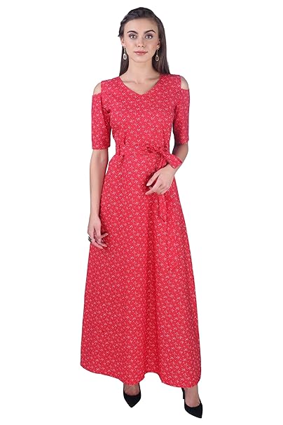 Buy Women S Frock Pattern One Piece Long Cold Shoulder Red Gown With White Prints For Women Long One Piece 40 At Amazon In